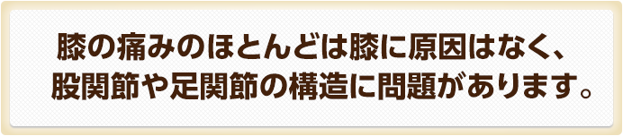 膝の痛みのほとんどは膝に原因はなく、股関節や足関節の構造に問題があります。
